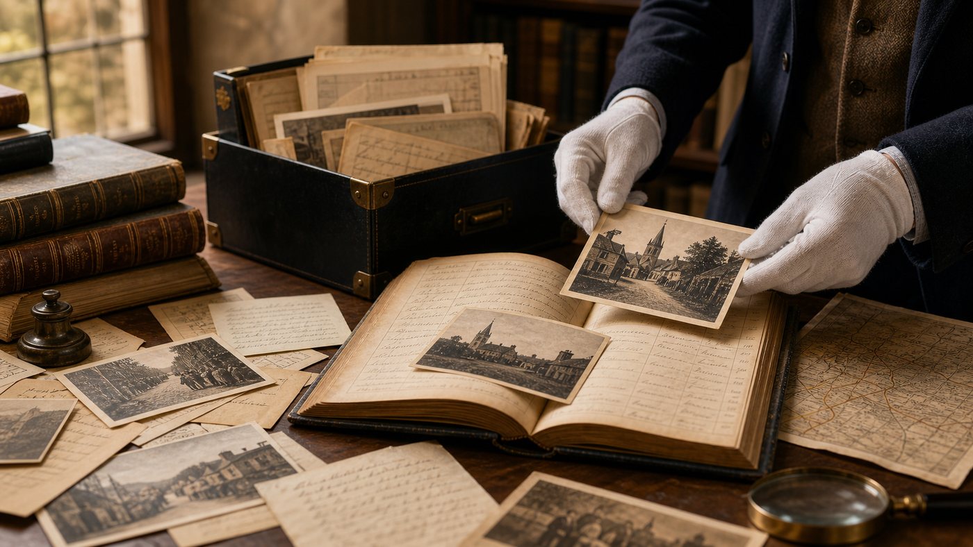 Community archive records arranged for digitisation, including village photographs and parish material