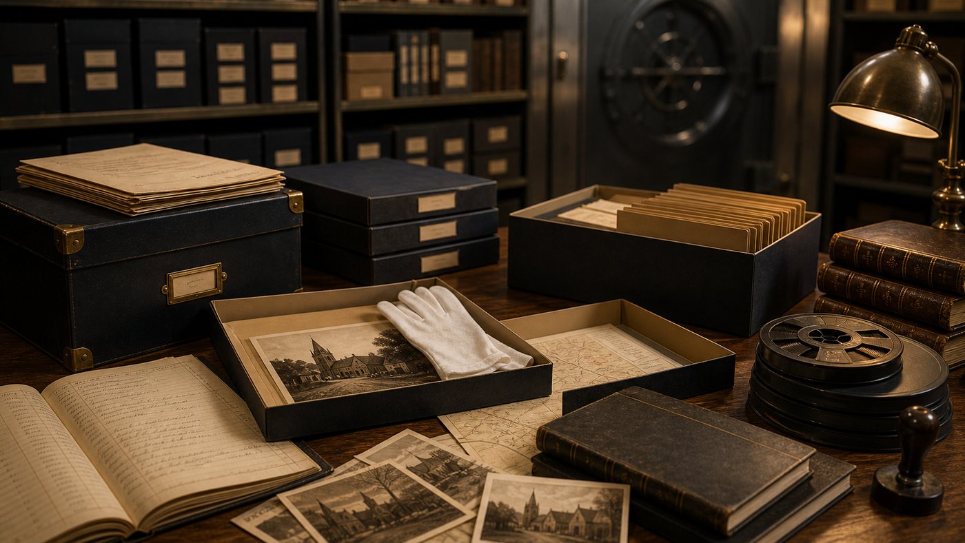 Digital preservation represented by boxed archive records, preservation envelopes and secure long-term storage