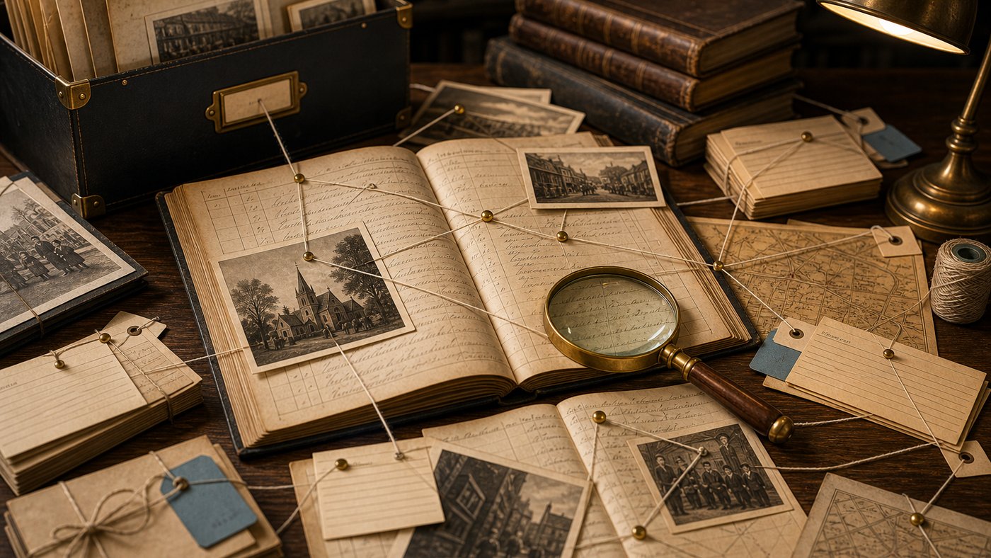 Archive metadata made visible through connected catalogue cards, photographs, maps, tags and a magnifying glass